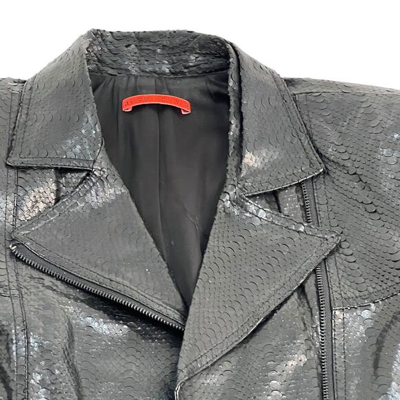 Alice + Olivia Lamb Leather Python Moto Jacket Black Asymmetrical Zip Pockets M - Picture 7 of 16
